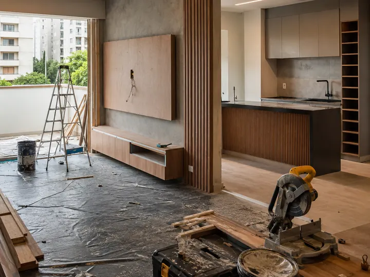 Apartamento em reforma com marcenaria e piso em execução