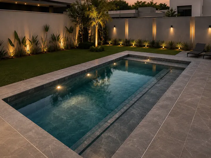Piscina com revestimento aplicado e área externa acabada